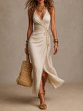 Ludovica – Elegante vestido midi con escote en V y drapeado en la cintura