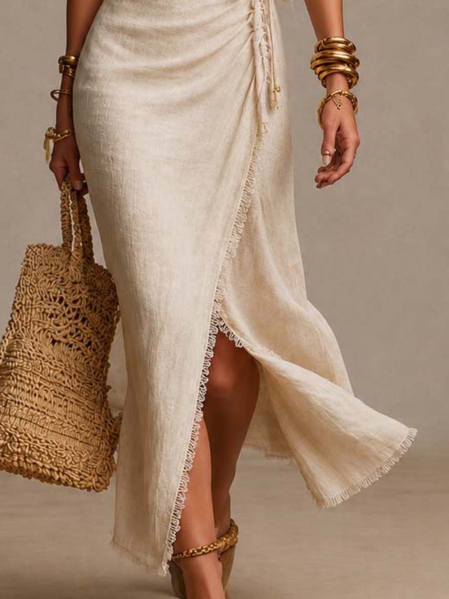 Ludovica – Elegante vestido midi con escote en V y drapeado en la cintura