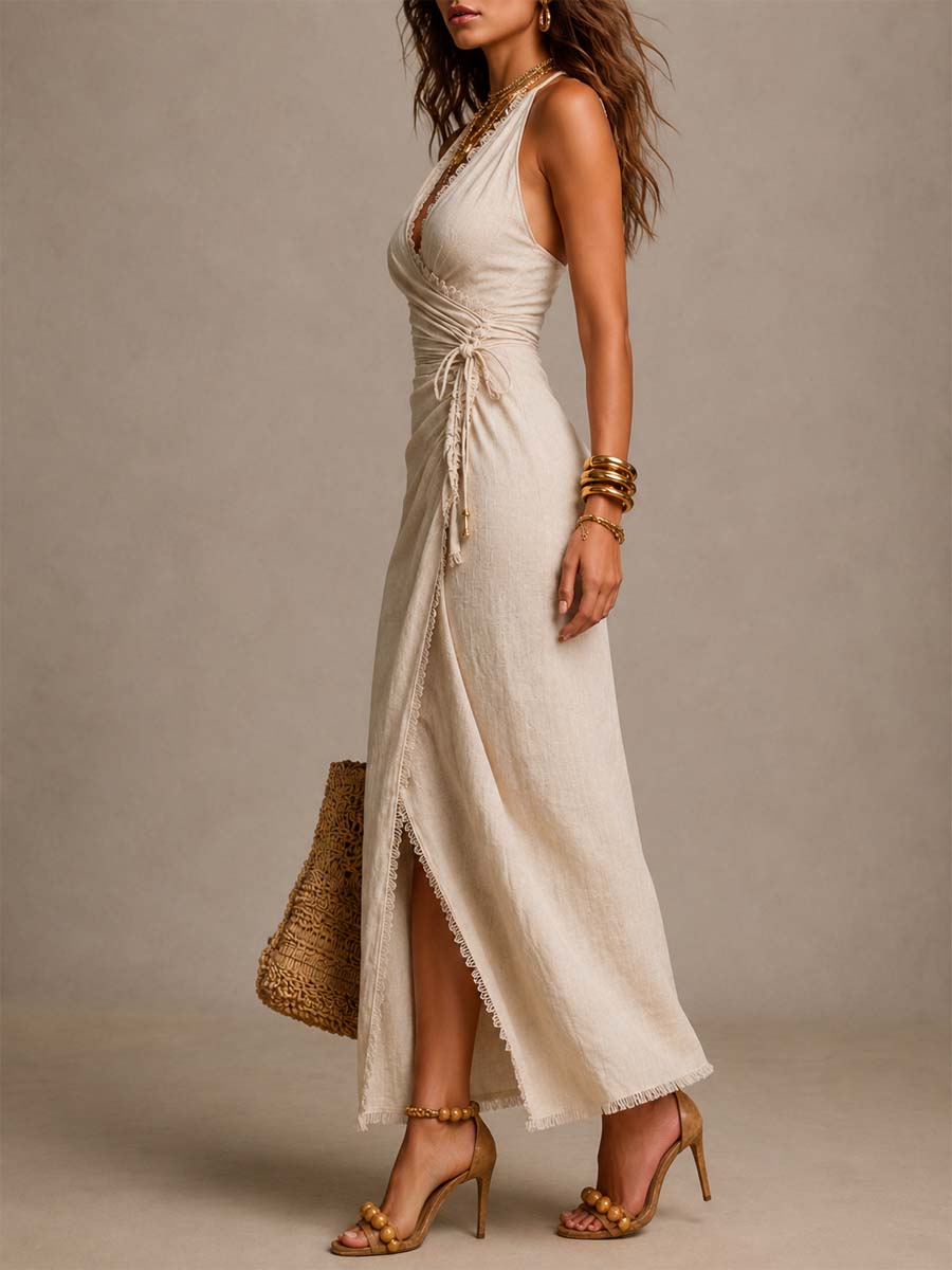 Ludovica – Elegante vestido midi con escote en V y drapeado en la cintura