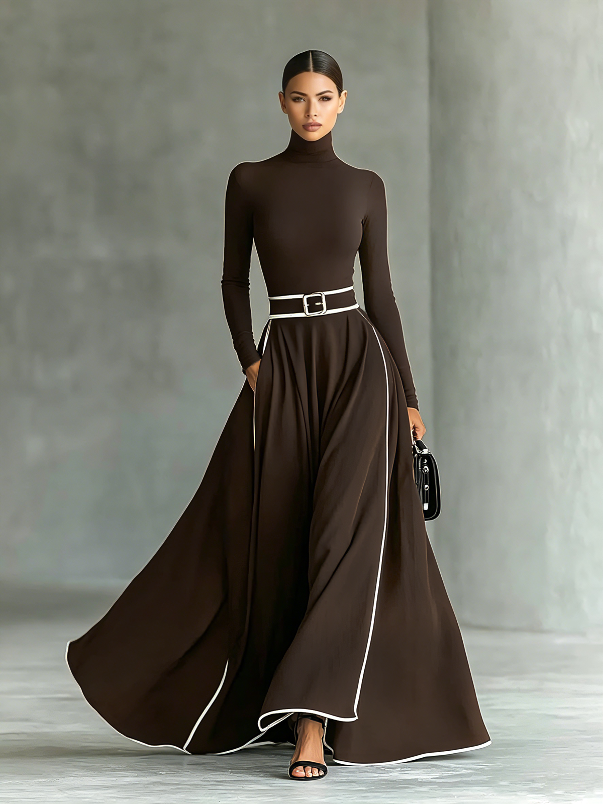 Gina – Vestido largo de mujer negro con costuras blancas, cuello alto, mangas largas y cintura estrecha