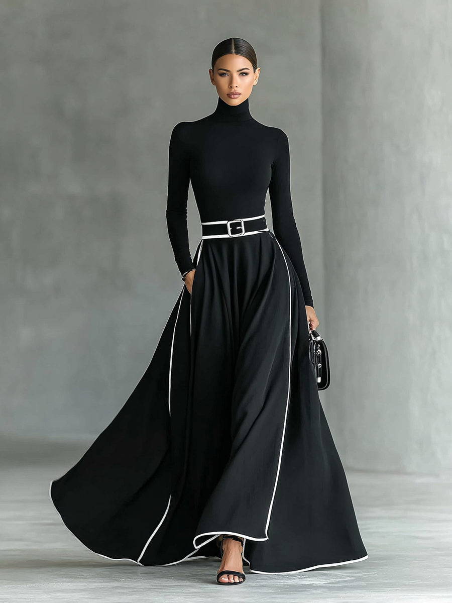 Gina – Vestido largo de mujer negro con costuras blancas, cuello alto, mangas largas y cintura estrecha