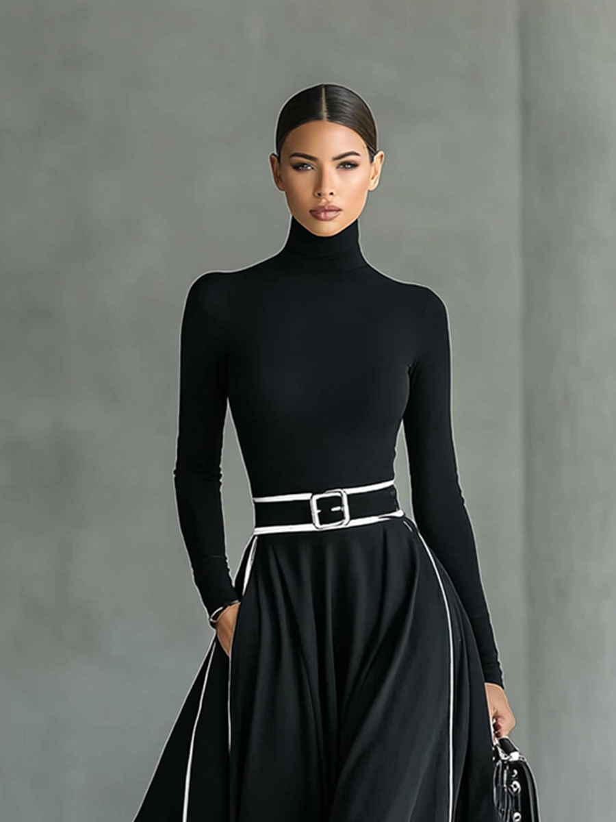 Gina – Vestido largo de mujer negro con costuras blancas, cuello alto, mangas largas y cintura estrecha