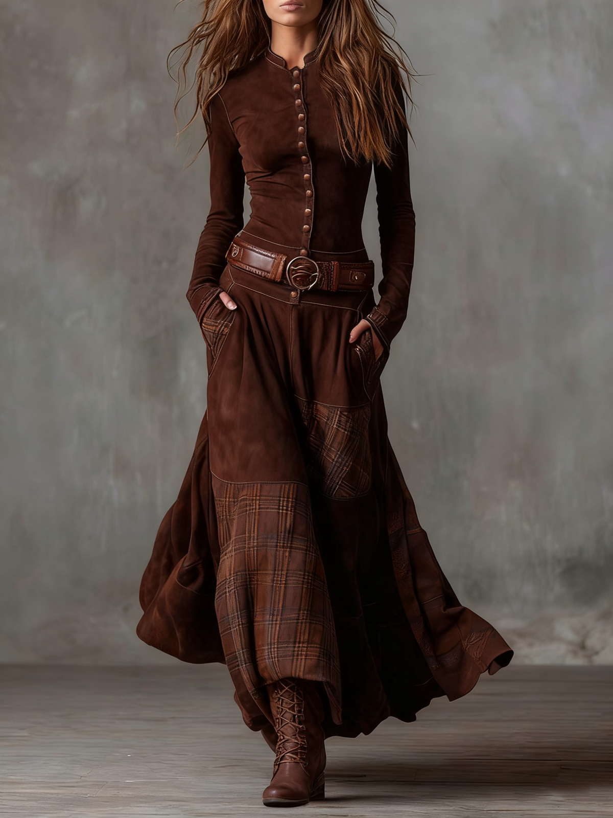 Livia – Vestido largo de ante con cinturón