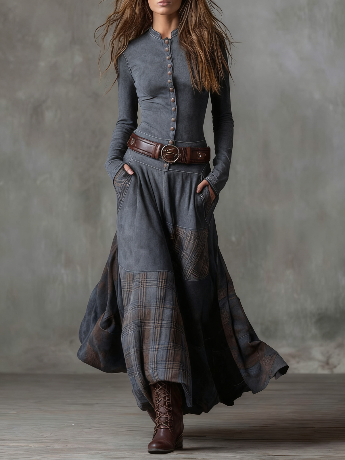 Livia – Vestido largo de ante con cinturón