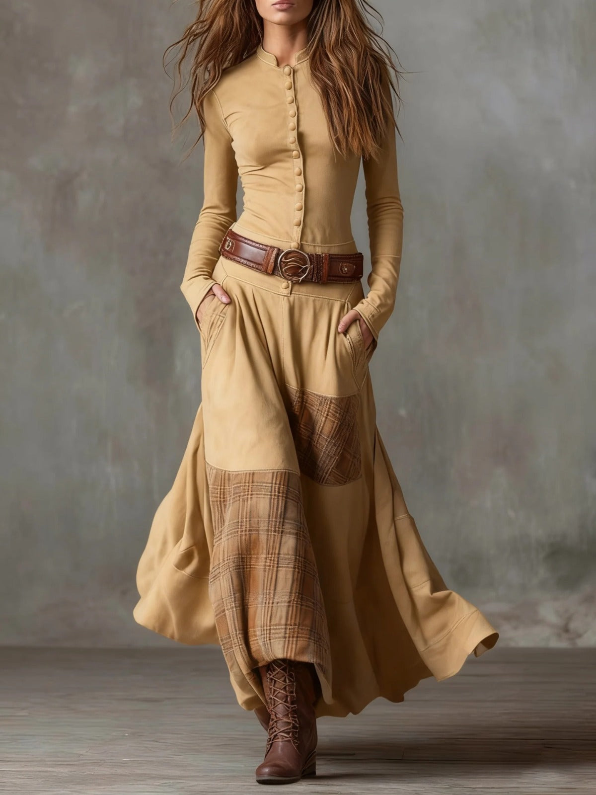 Livia – Vestido largo de ante con cinturón